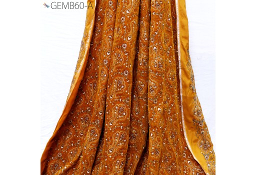 Mustard Embroidery Velvet Fabric by the yard Sewing DIY Crafting Indian Embroidered Wedding Dress Costumes Fabric Cushion Covers